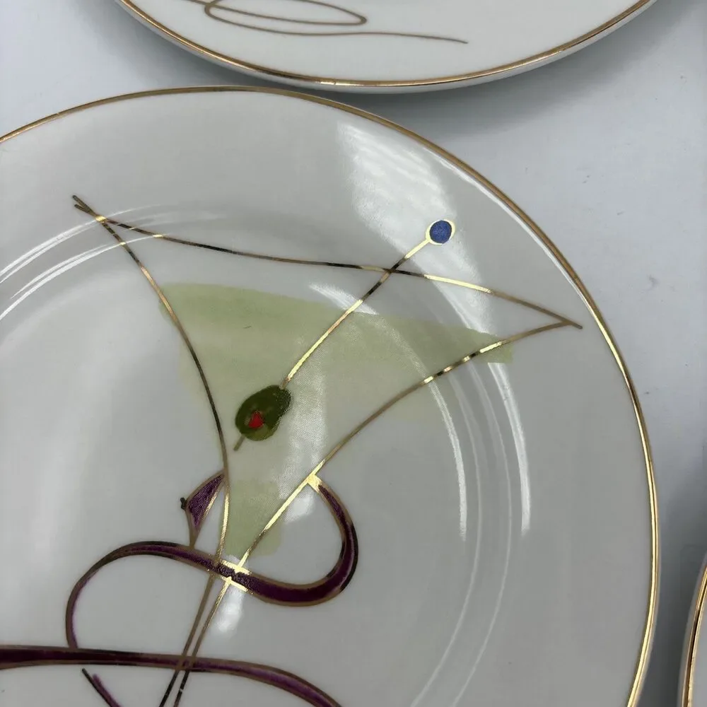 Pier 1 Imports Martini Glass Appetizer Salad Plates Set of 4 Gold Rim 7.5